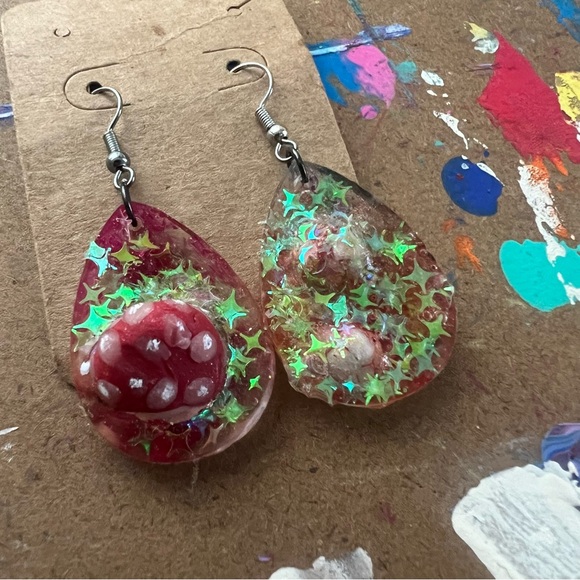 Red Mushroom Galaxy Earrings - Picture 7 of 9